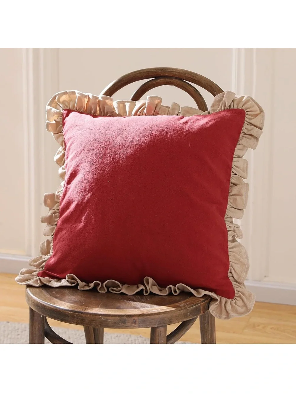 Red Ruffled Throw Pillow Pair with Cream Trim